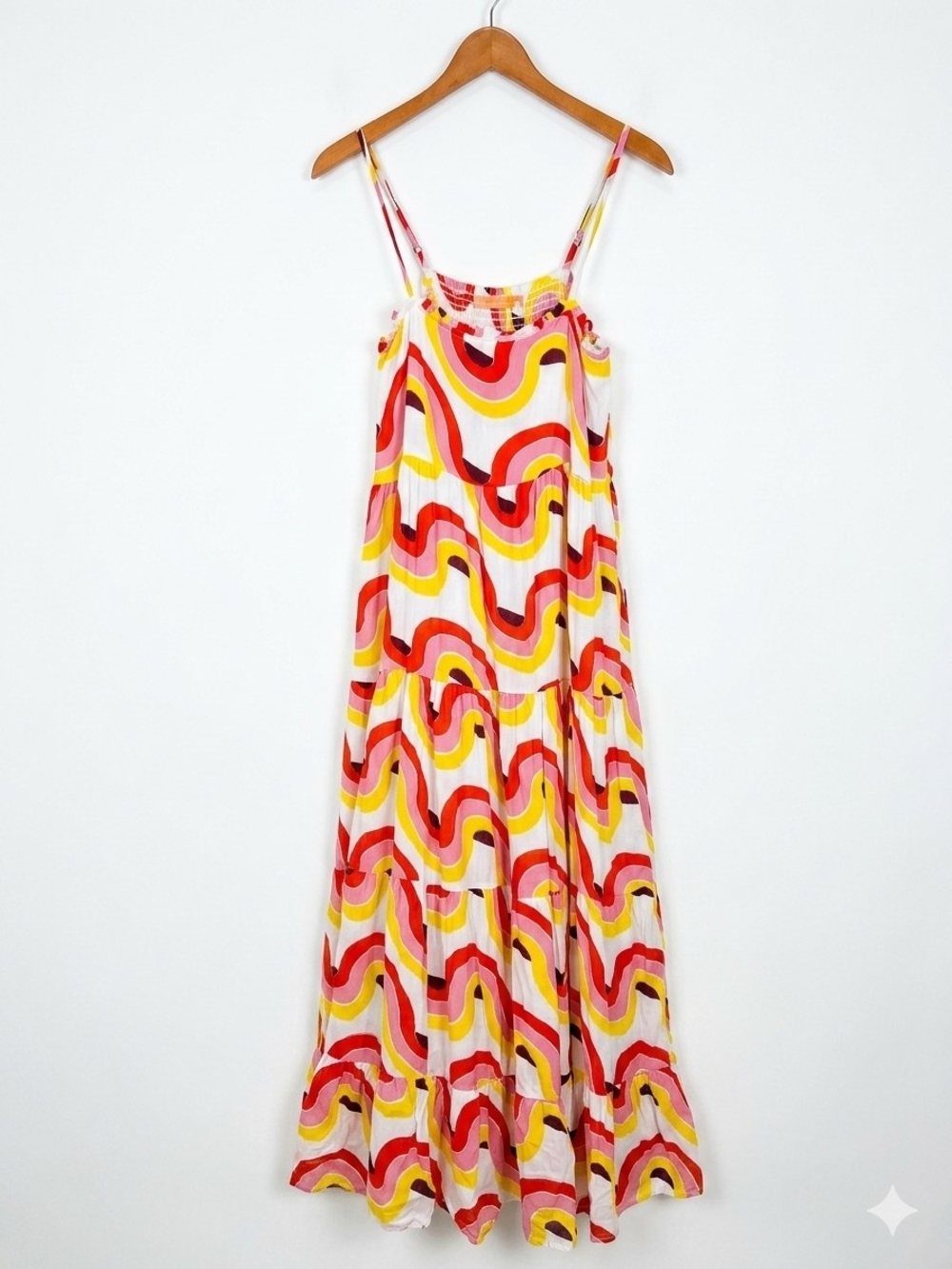 Oliphant Retro Swirl Wave Tiered Smocked Maxi Dress Size M